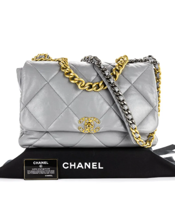 CHANEL 19 Grey Large Smooth Lambskin Leather Silver/Gold Hardware Flap Bag
