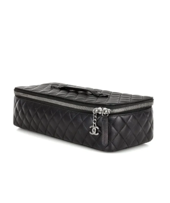 CHANEL Black Lambskin Leather Quilted Jewelry Case Travel Bag