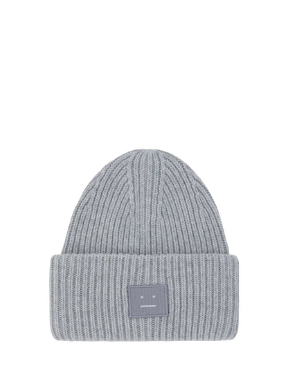 Acne Studios Grey Large Face Logo Ribbed Wool Beanie Hat One Size