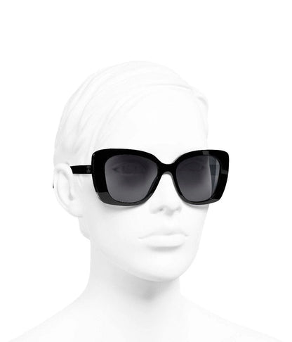 Chanel Black Dark Grey crystal CHANEL logo arms Polarised Sunglasses 5422-B